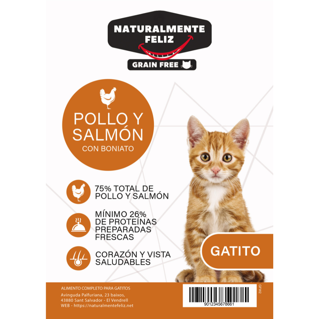 Pienso Grain Free para Gatitos · Pollo y Salmón con Boniato 2 kg