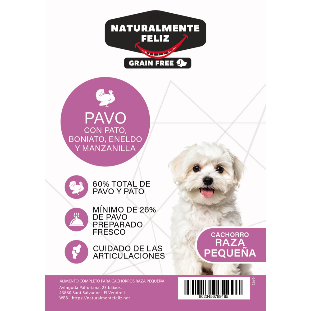 Pienso para Cachorro Raza Pequeña - PAVO (60% Total) Con Pato, Boniato, Eneldo y Manzanilla - Grain Free 2kg