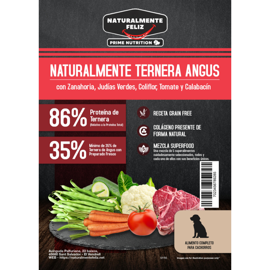 Pienso para  Cachorro - TERNERA (65% Total) Zanahoria, Judías Verdes, Coliflor, Tomate y Calabacín - Grain Free 6 kg