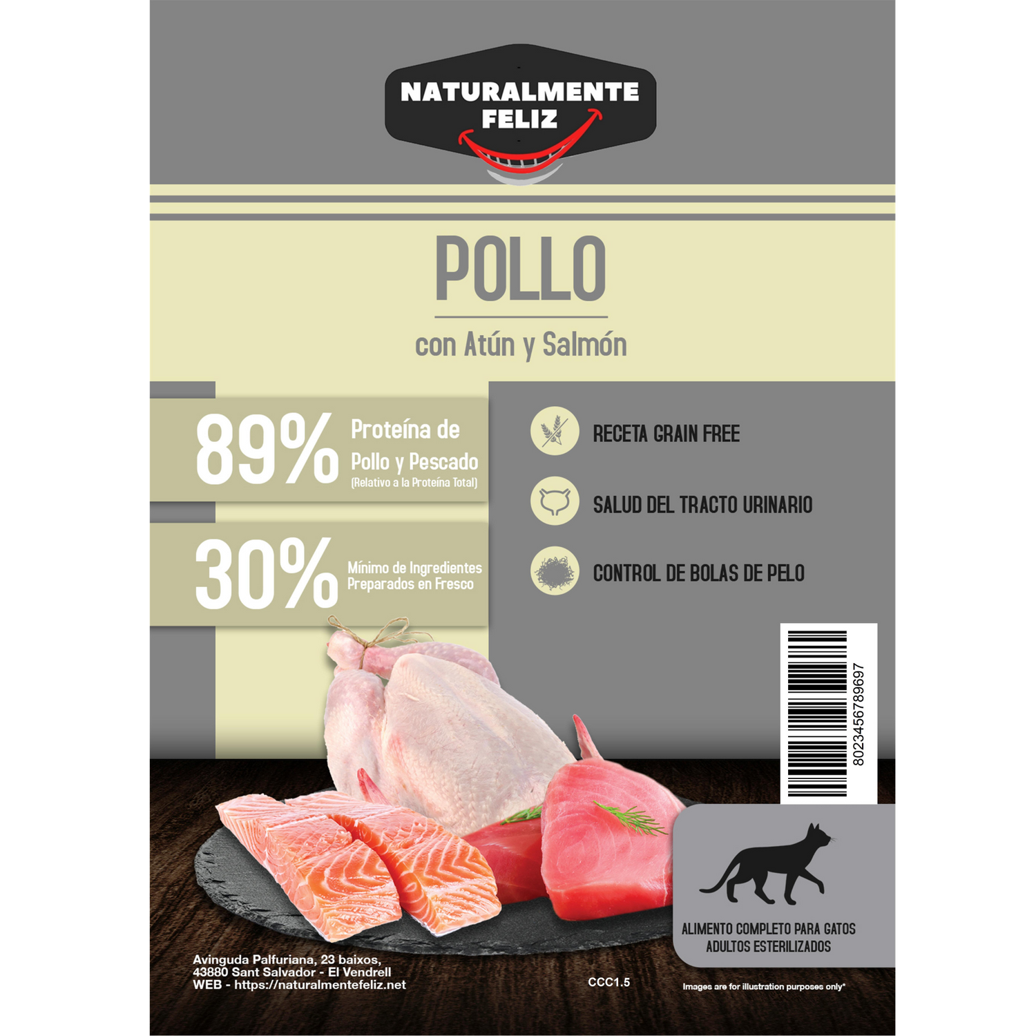 Pienso natural para gato Pollo, atún y salmón Naturalmente Feliz 