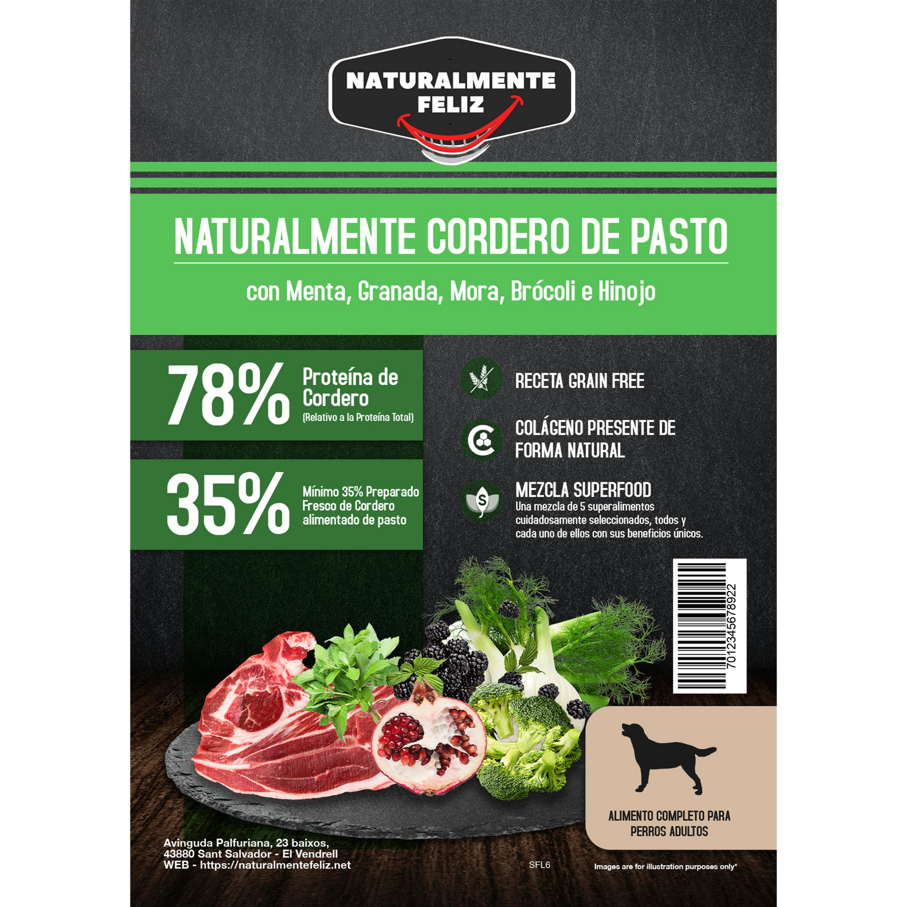 Pienso Natural para perro mediano grande Grain Free Cordero de Pasto, Menta, Granada, Mora, Brócoli e Hinojo