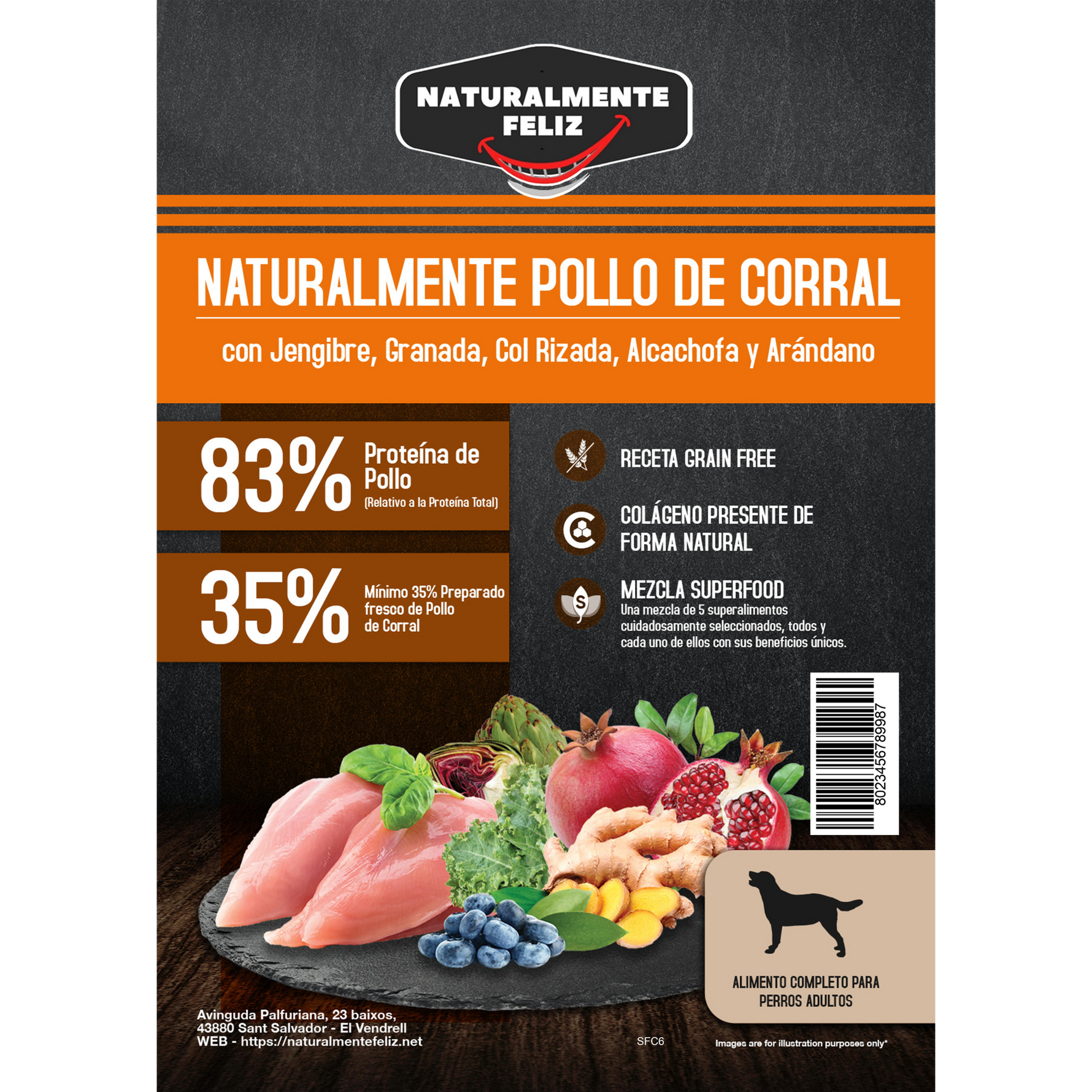 Pienso Natural Grain Free para perro mediano grande Pollo de corral con jengibre, granada, col rizada, alcachofa y arándano
