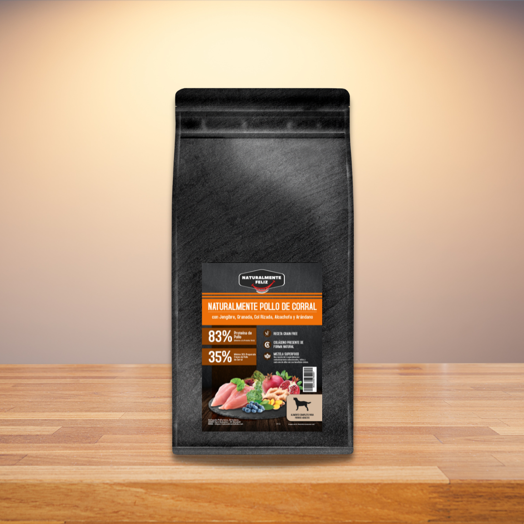 Pienso Natural Grain Free para perro mediano grande Pollo de corral con jengibre, granada, col rizada, alcachofa y arándano Bolsa zip