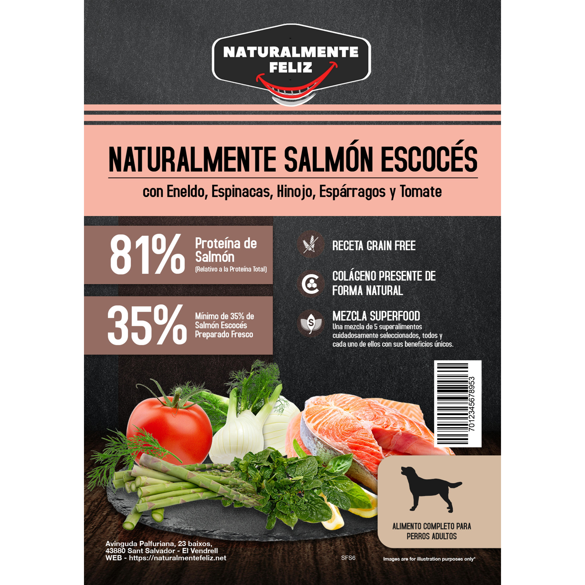 Pienso Grain Free perro mediano grande Salmón Escocés con  eneldo, espinacas, hinojo, espárragos y tomate Naturalmente Feliz
