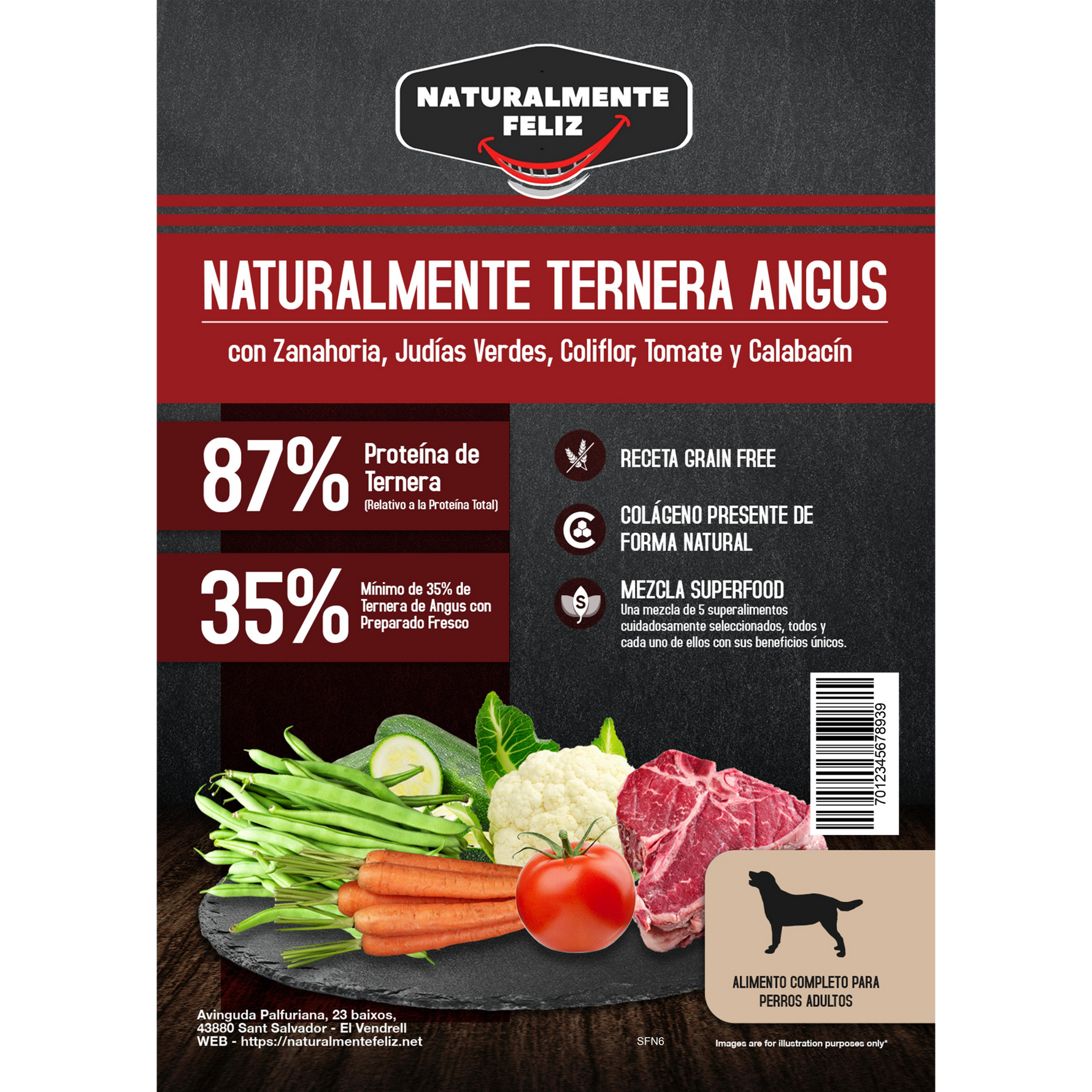 Pienso Grain Free para perros mediano grande con Ternera Angus, zanahoria, judías verdes, coliflor, tomate y calabacín Naturalmente Feliz