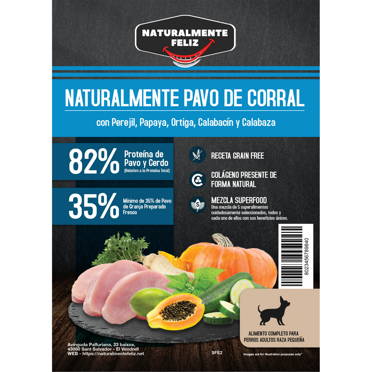 Pienso natural Grain Free Naturalmente feliz de Pavo de corral con perejil, papaya, calabacín y calabaza para perros mediano pequeño