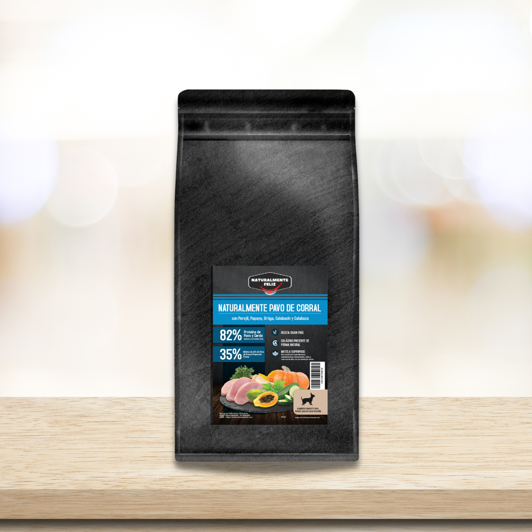 Pienso natural Grain Free Naturalmente feliz de Pavo de corral con perejil, papaya, calabacín y calabaza para perros mediano pequeño Bolsa zip