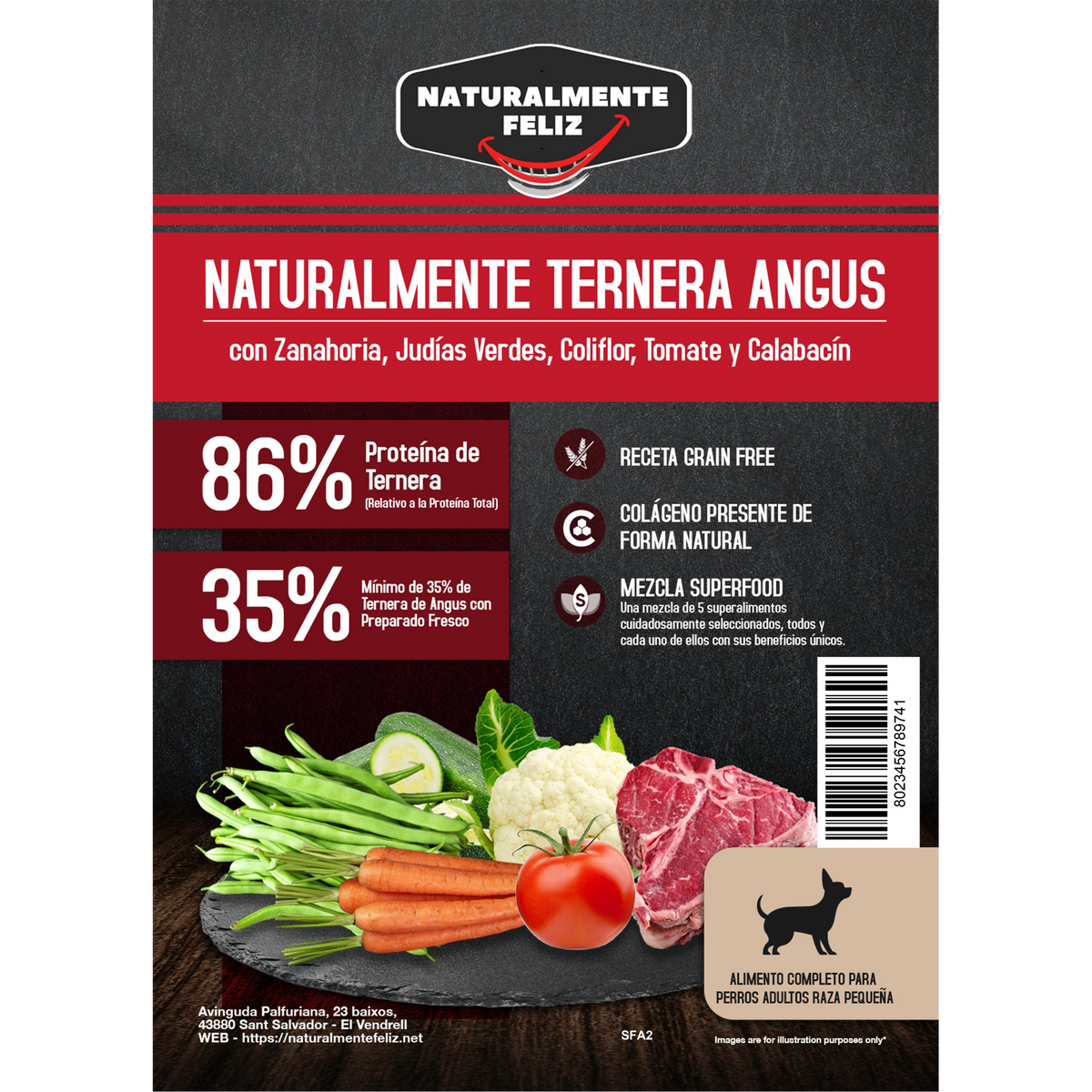 Pienso natural grain free perro mediano pequeño Ternera Angus con zanahoria, judías verdes, coliflor tomate y calabacín Naturalmente Feliz
