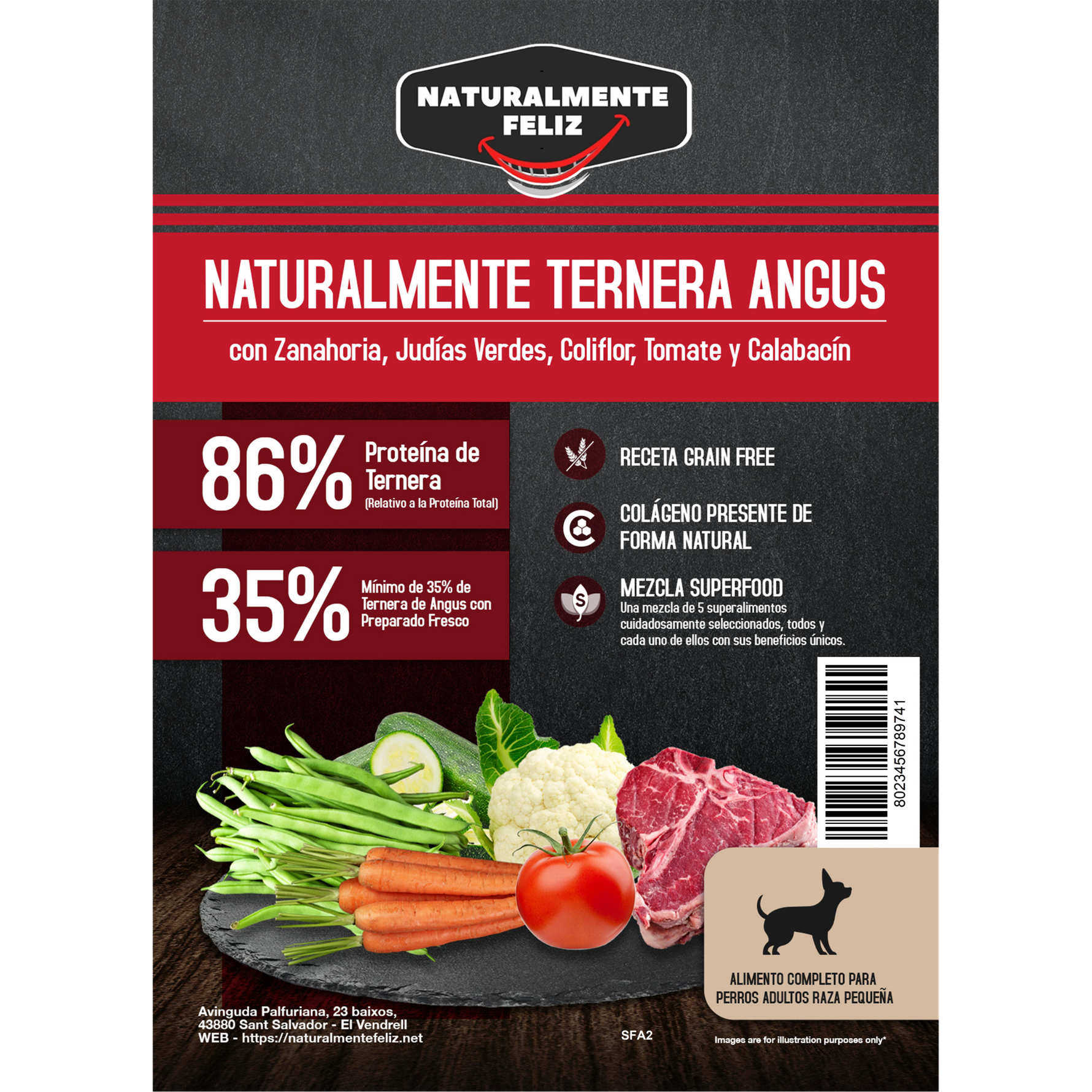 Pienso natural grain free perro mediano pequeño Ternera Angus con zanahoria, judías verdes, coliflor tomate y calabacín Naturalmente Feliz