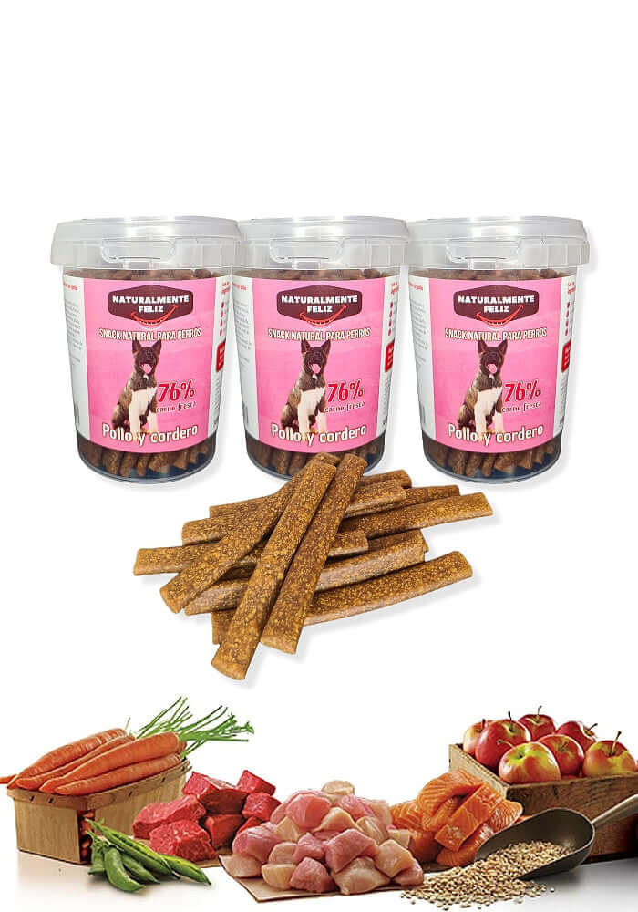 Snack delicioso y saludable, secado suavemente con Pollo, Cordero 76% Carne - (3 unidades de 300 gr)