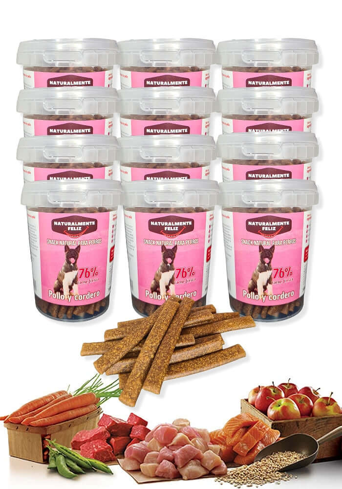 Snack delicioso y saludable, secado suavemente con Pollo, Cordero 76% Carne - (12 unidades de 300 gr)